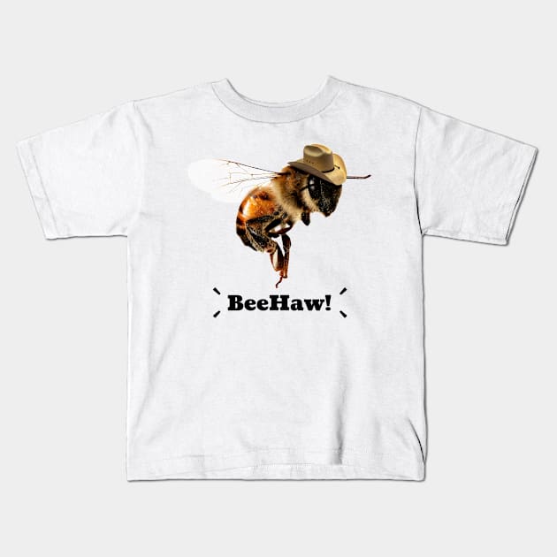 Funny Bee Haw Bumblebee Cowboy Hat Kids T-Shirt by qwertydesigns